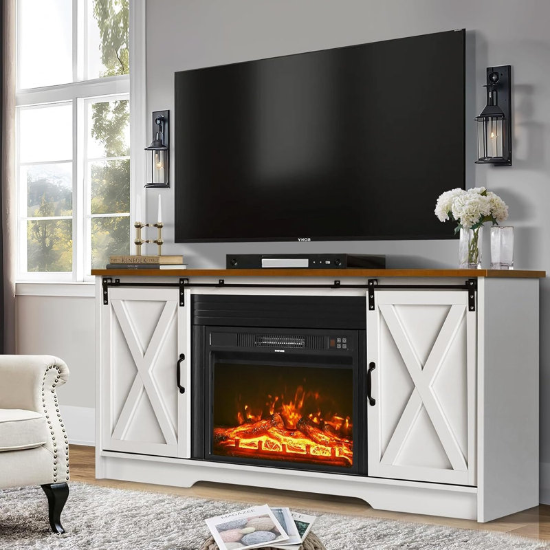 Fireplace TV Stand with 24" Electric Fireplace, Sliding Barn Door, Farmhouse Fireplace Entertainment Center with Adjustable Storage Cabinets, TV Console Table for Living Room