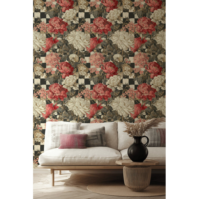 Papier peint floral rétro avec pivoines adhésives