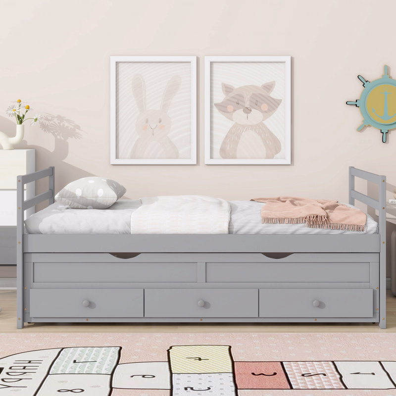 Twin Size Bed Frame With Headboard, Footboard, Trundle And Three With Storage Function Drawers, Twin Size Pine Wooden Frame Material Bed Frame With Headboard, Footboard