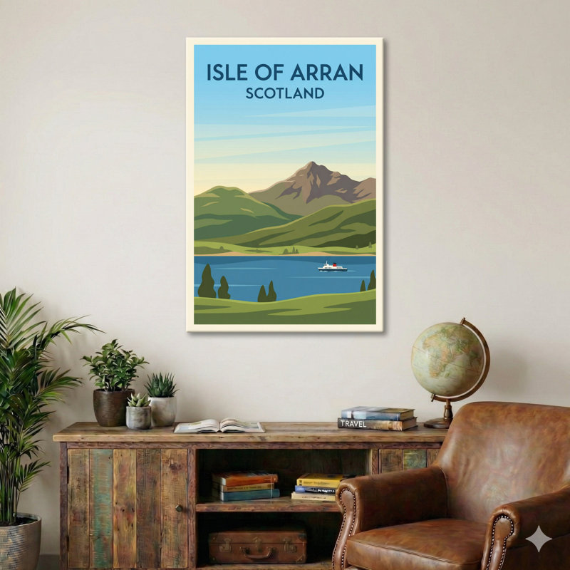 Isle Of Arran, Scotland - Romantic Travel Poster Of Goatfell, Coastal Hills And Ferry. Giclee Print On Wrapped Canvas. Wall Art, Home Decor - Natural Landmarks, Scotland - Wrapped Canvas Print