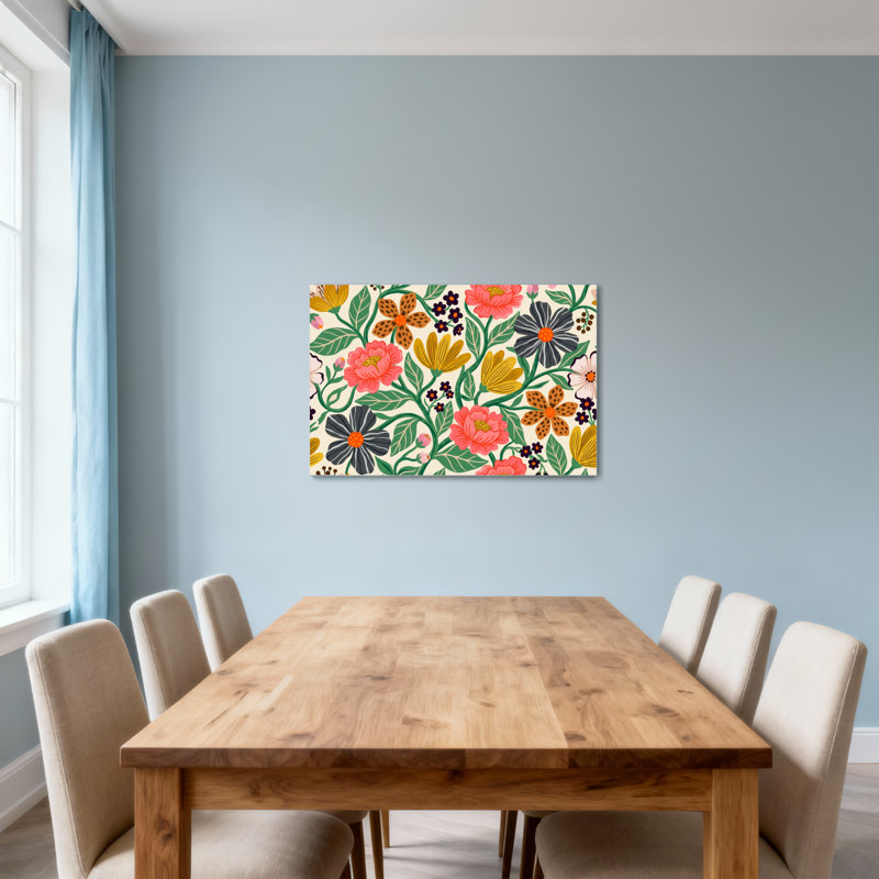 Motif floral de plantes et de fleurs aux couleurs vives et aux feuilles, H 20 po x l 30 po