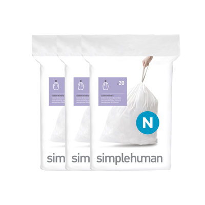 Simplehuman Code N Custom Fit Drawstring Trash Bags, 45-50 Liter / 12-13 Gallon, White, 60 Liners