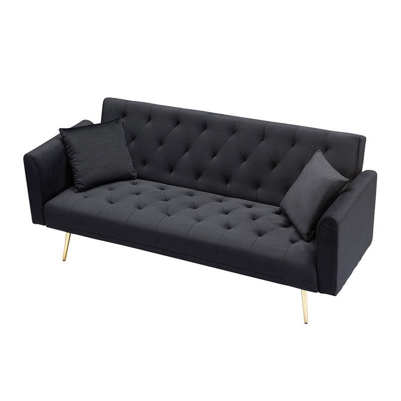 71 - Inch Foldable Double Bed, American Retro Style, Black Velvet Upholstery, Small , 2 Seating Capacity Velvet, Living Rooms, Adjustable Postures, Seats