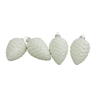 4Ct White Pine Cone With Silver Cut Glass Christmas Ornament Set 3" (75Mm)