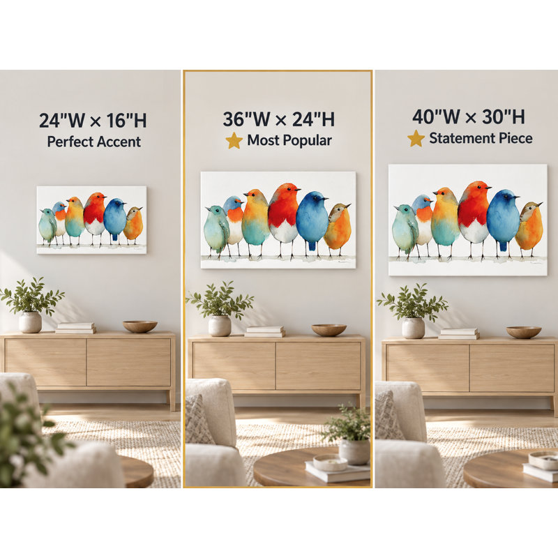 «Watercolor Birds on a Wire», art mural sur toile tendue, H 16 po x l 24 po