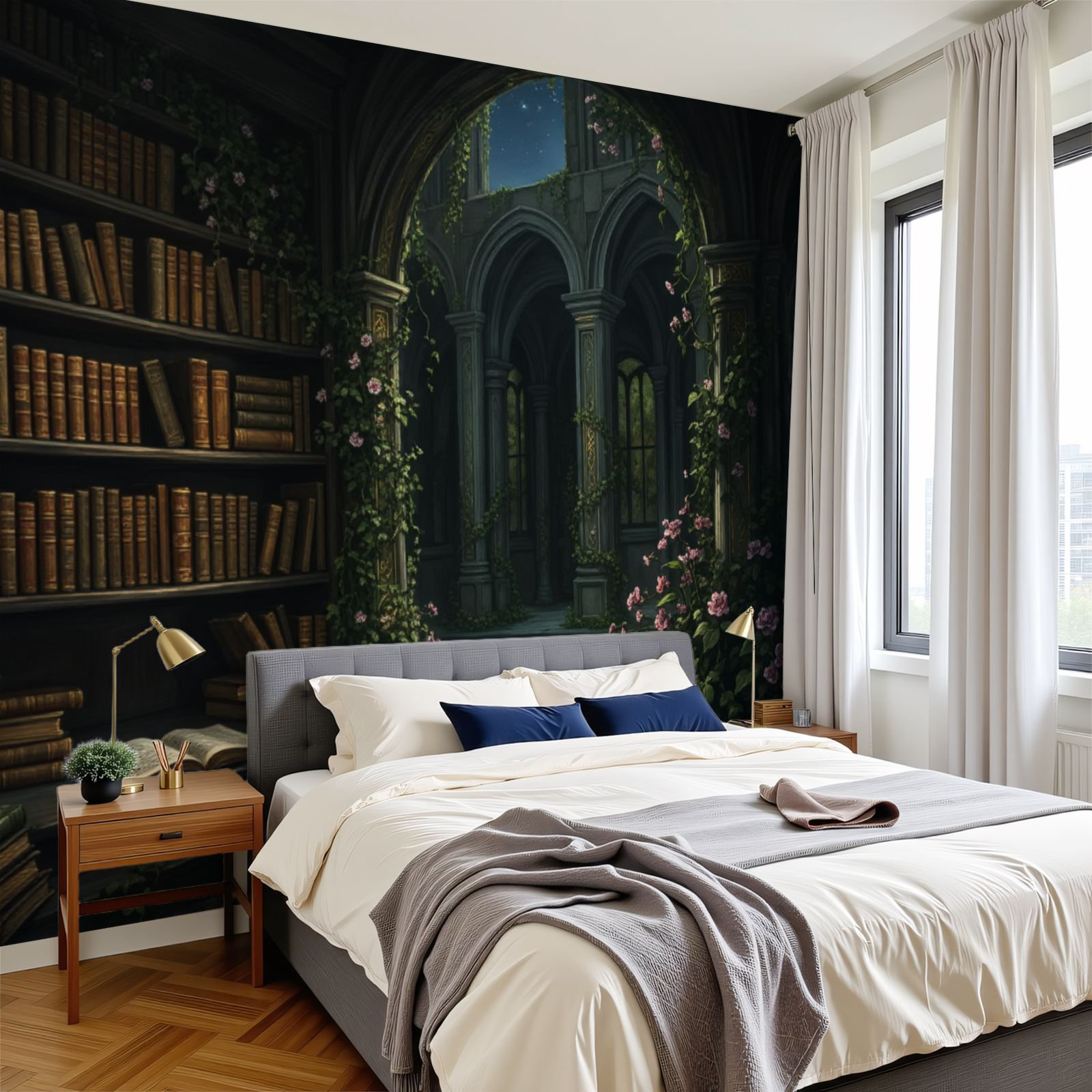 Red Barrel Studio Peel and Stick Wallpaper Gothic Library Stone ...