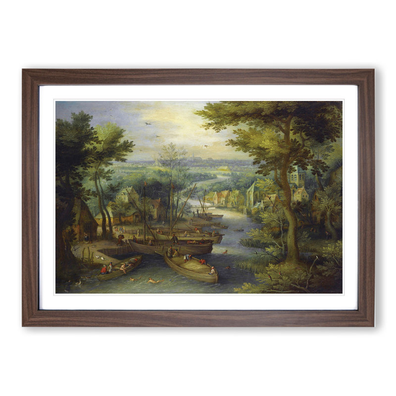 River Landscape by Pieter Bruegel the Elder - Picture Frame Painting, Walnut Framed, 48cm H x 65cm W x 2cm D