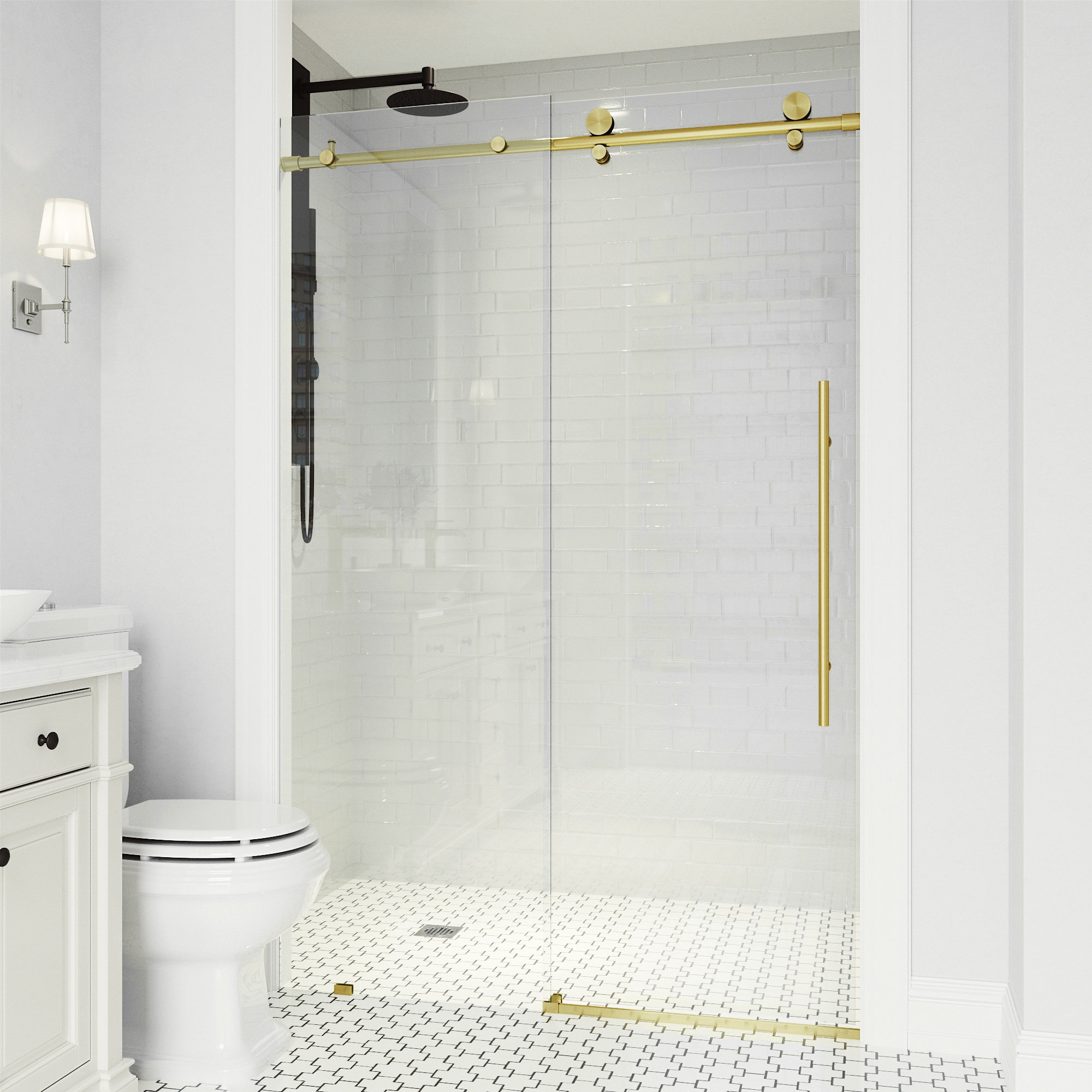 Elan E-Class 60-64" W x 76" H Sliding Frameless Shower Door with 3/8" Clear Glass, Matte Brushed Gold