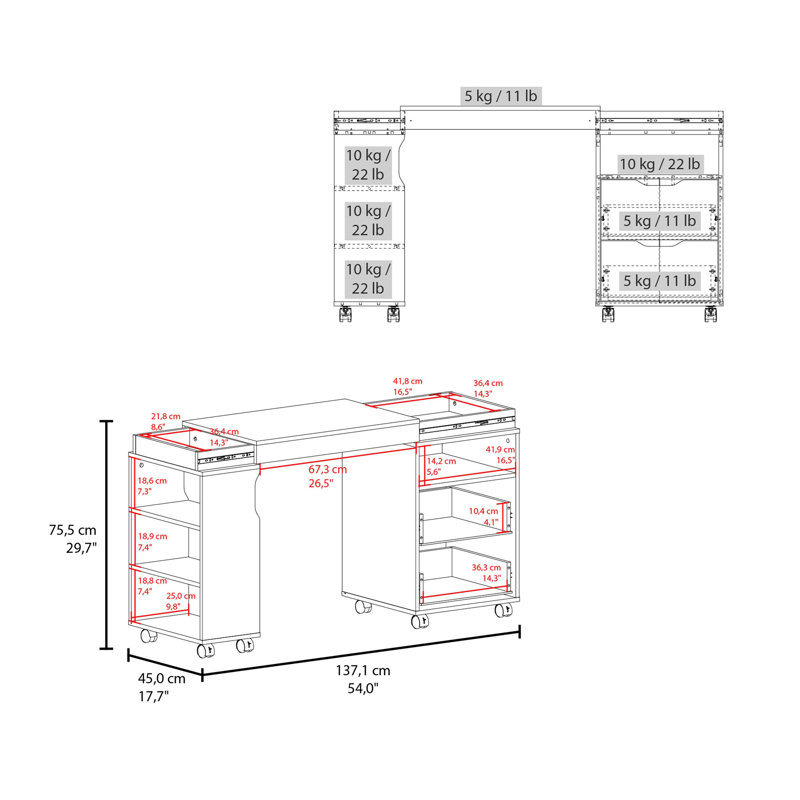 San Diego 54" Wide Two Drawer Expandable Desk  with Seven Shelves and Casters White - Dark Walnut