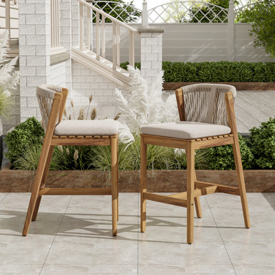 Tabouret d'extérieur en bois de teck avec coussin beige, ensemble de 2