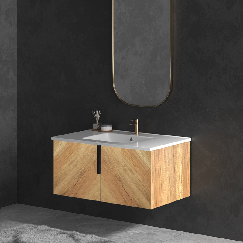 Meuble-lavabo mural 36 po avec panneau cannelé 3D et lavabo intégré en céramique