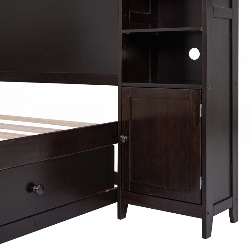 Lit en bois avec armoire et tablette tout-en-un, Espresso