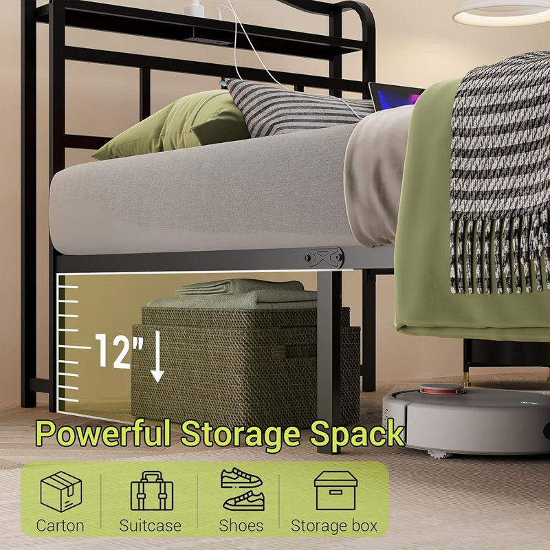 Cadre de lit en métal avec tête de lit et station de charge USB et de type C, cadre de lit en métal robuste sans sommier avec amplement d'espace de rangement - Assemblage facile et silencieux (noir, simple)
