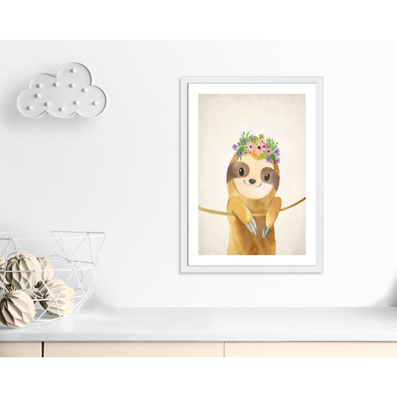 Floral Sloth Animals, 36.5" H x 26.5" W x 0.63" D, White Framed