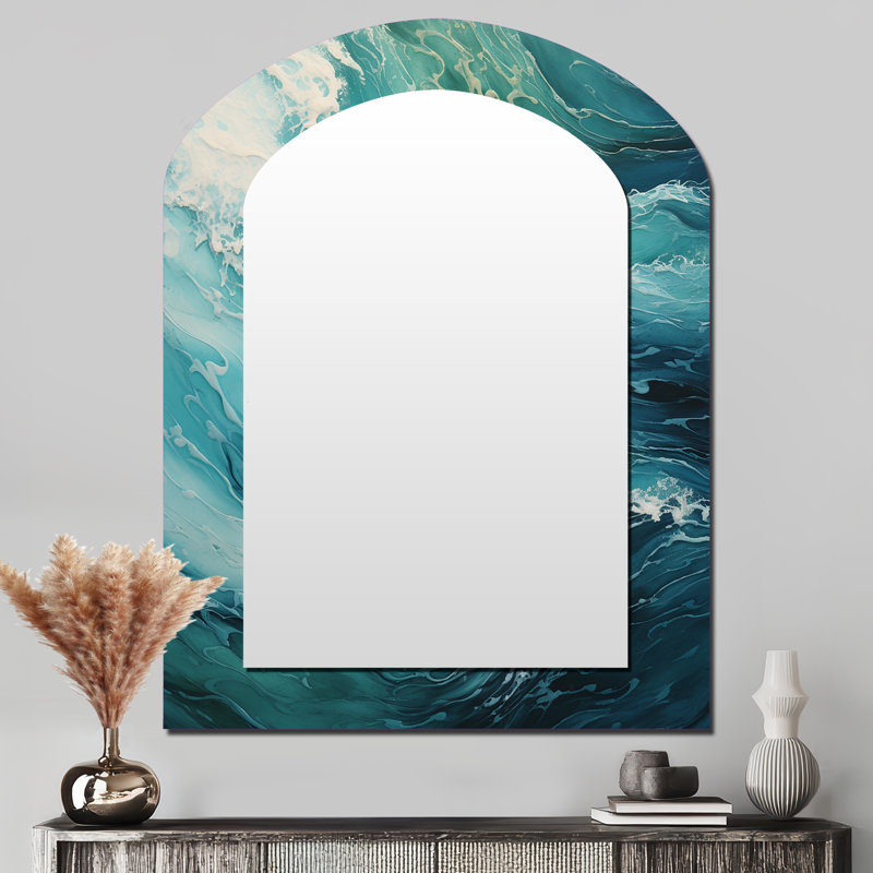 Océan bleu sarcelle vague Expression - vagues grand miroir mural asymétrique, miroir arche bleue unique, impression d'art en métal