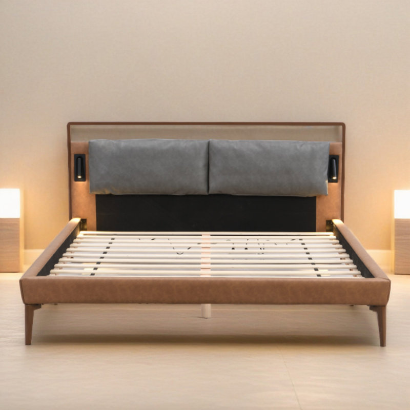 Grand lit brun et gris en cuir avec veilleuses 2 pièces, Grand lit