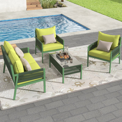 Élégante conversation de patio 4 - avec coussins épais et table basse en verre trempé pour l'extérieur