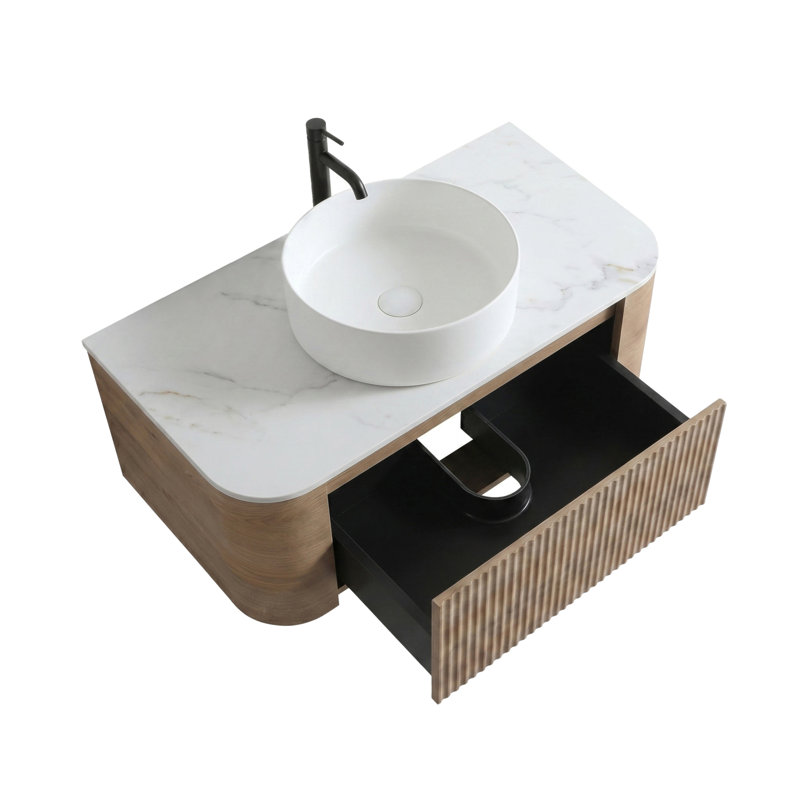 Meuble-lavabo de 36 po avec lavabo Erba, armoire murale en chêne blanc avec porte-serviettes gratuit, conception simple de lavabo en céramique blanche, sans drain et robinet, pré-assemblé