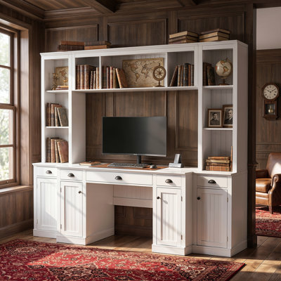 Abigael 88.5'' W Wall Unit Desk With Hutch Bookcase, Drawers, Cabinets, And Open Storage Shelves