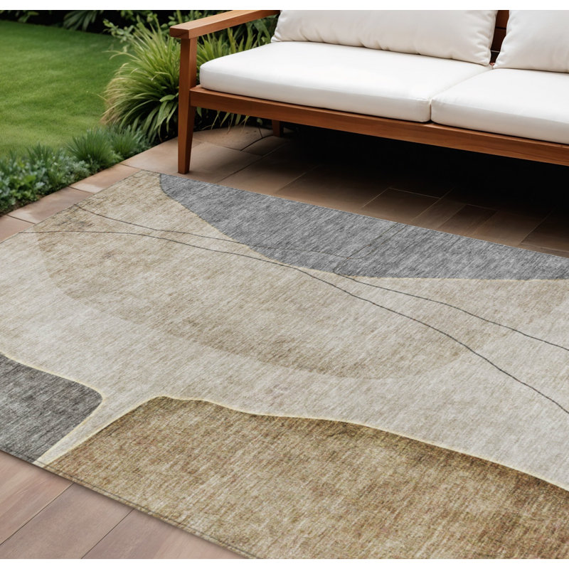 Tapis extérieur lavable abstrait beige et gris taupe 10 pi x 14 pi