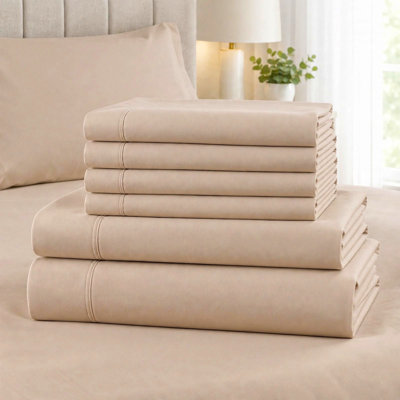 6-Piece Rayon from Bamboo Sheet Set, Cooling Soft Breathable Deep Pocket Bedding with Pillowcases Light Khaki King