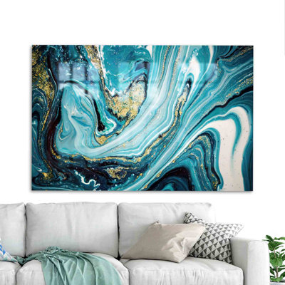 Abstract Blue and Gold Marble Art on Tempered Glass for Wall Decor With a Touch of Elegance and Luxury