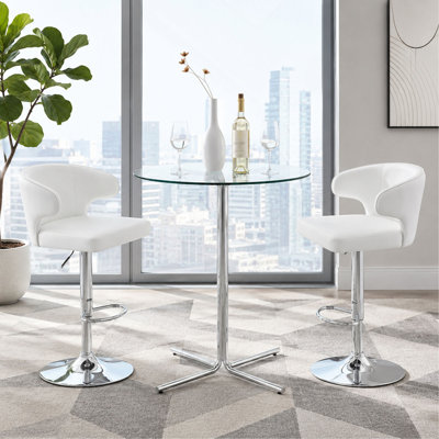 Ensemble de table de bar moderne 3 pièces avec 2 tabourets pivotants, table de pub en verre trempé de 36 po et tabourets de bar réglables en similicuir, ensemble de mobilier de bistro chromé d'une capacité de 300 lb pour la cuisine et le salon