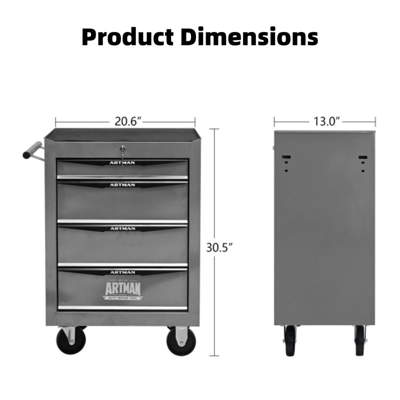4-Drawer 20-Inch Rolling Metal Tool Box, Steel Tool Storage Organizer - Silver