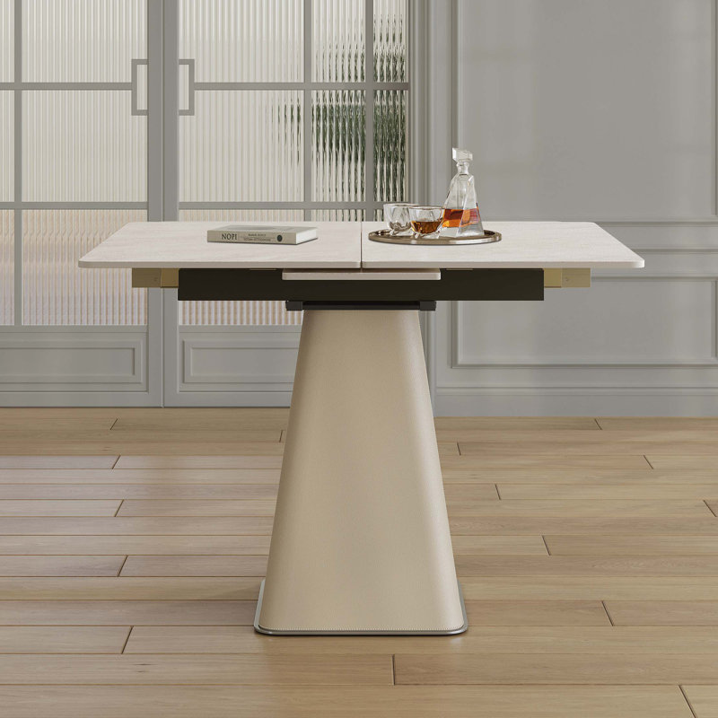 Table de salle à manger rétractable à dalle de roche pliante, table carrée extensible moderne avec base en acier inoxydable revêtue de cuir, table de cuisine à double usage pour les petits appartements