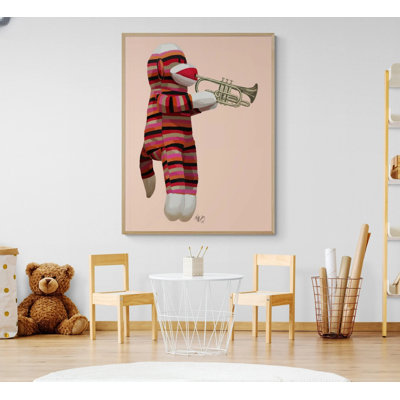 Reproduction de singe musical rouge, art de classe de chaussettes de musique, impression d'affiche de trompette, impression d'affiche de singe mignon