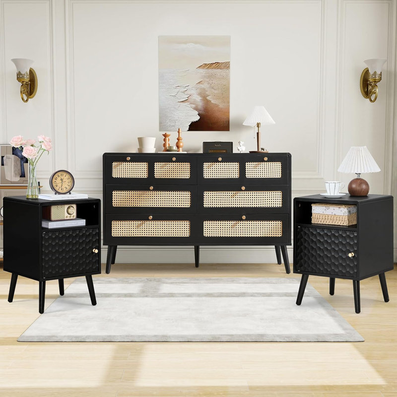  Ensemble de chambre à coucher 3 pièces, commode 6 tiroirs et table de chevet 2 pièces, Noir