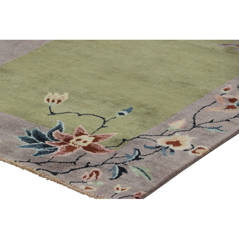 Rug & Kilim’S Chinese Art Deco Runner Rug In Green With Colorful Floral Patterns, Rectangle 9' x 12'
