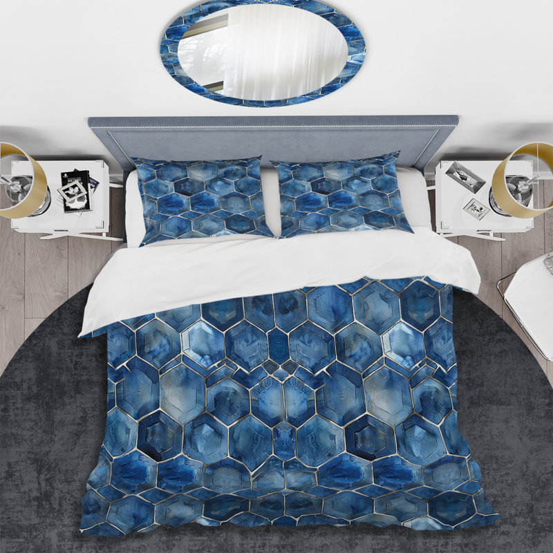 Ensemble de housse de couette moderne à imprimé hexagonal bleu et blanc, Housse de couette très grand et 2 très grandes t