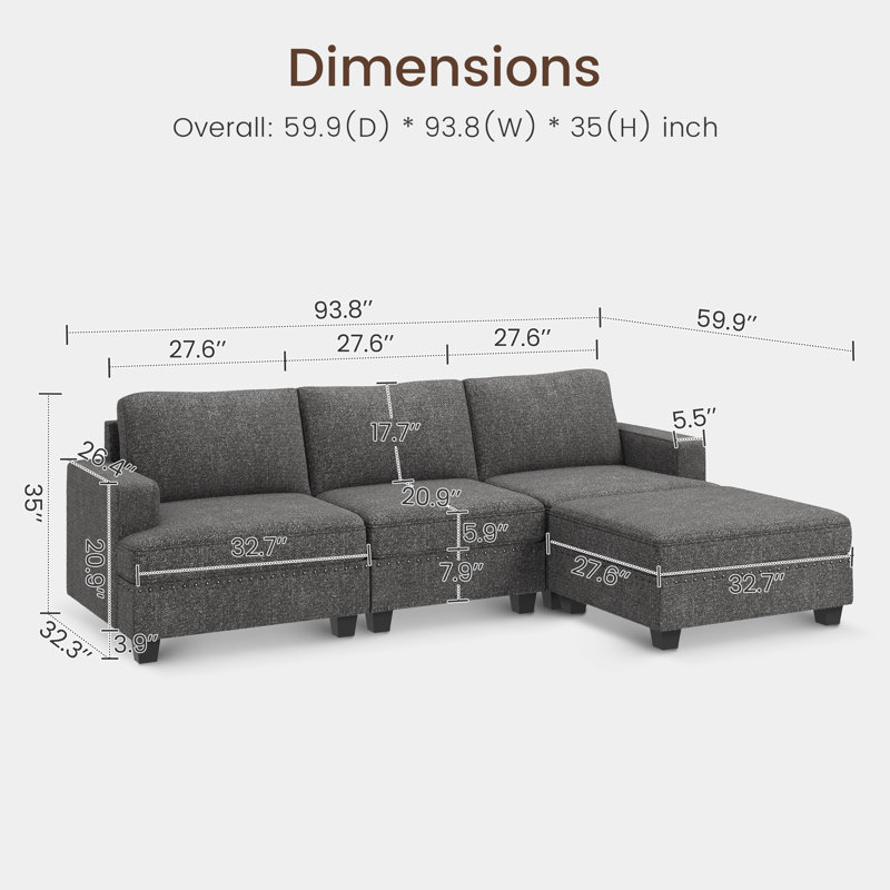 Wade Logan® Anureet Modular Sectional Sofa L-shaped 3-seater Sofa 