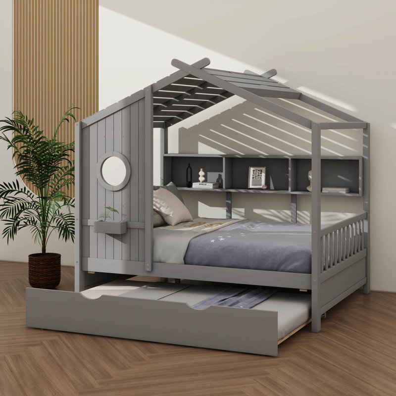 Lit en bois de conception moderne avec lit gigogne et tablette de rangement, gris, Double