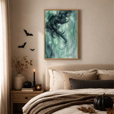 Tourbillons d'encre anthracite sur toile vert d'eau pour l'Halloween
