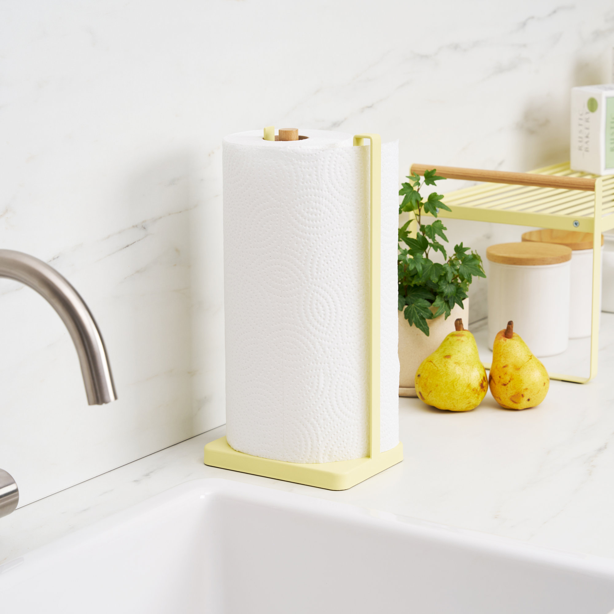 Yamazaki Home One-Handed Tear Paper Towel Holder - Kitchen Storage Rack, Steel + Wood, Yellow Pear