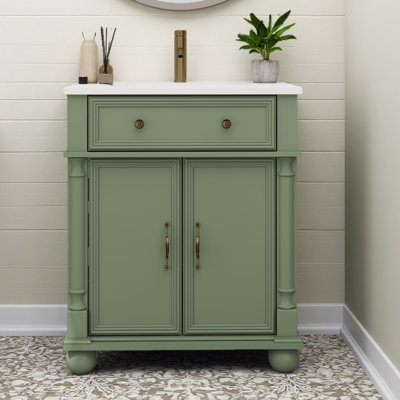 Lavabo de salle de bain 27,8 po Mid-Century avec colonne romaine, meuble-lavabo autoportant Farmhouse avec rangement, meuble-lavabo haut de gamme avec poignées en métal et structure en bois massif