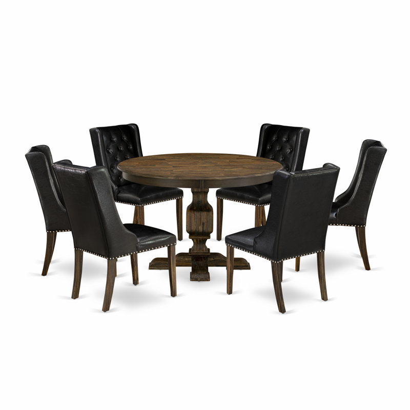 Distressed Jacobean Round Pedestal Dining Set with Black Upholstered Chairs