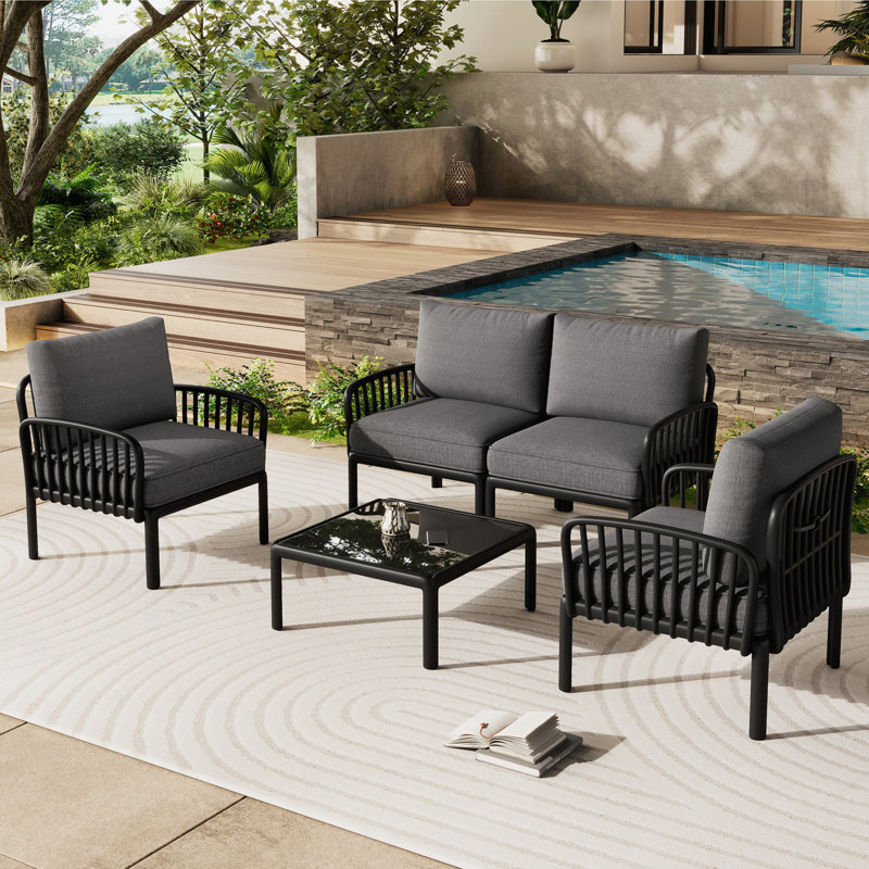 Bates Outdoor Conversation Set With Cushions, Dark Gray/Black, Table, 2 Armchairs, Loveseat 