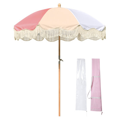 Lazerick Urban Modern 6 FT Beech Solid Wooden Fringe Umbrella for Pop-up Shop Market, Artisanal Food Truck, Bistro Sidewalk Cart - Palm Springs, PINK