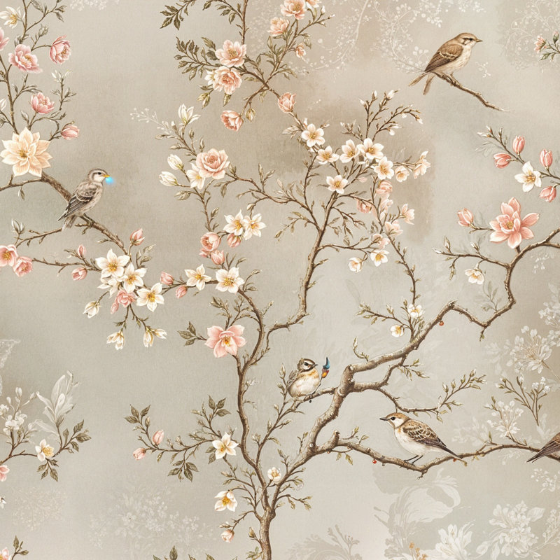 Papier peint floral oiseaux rétro