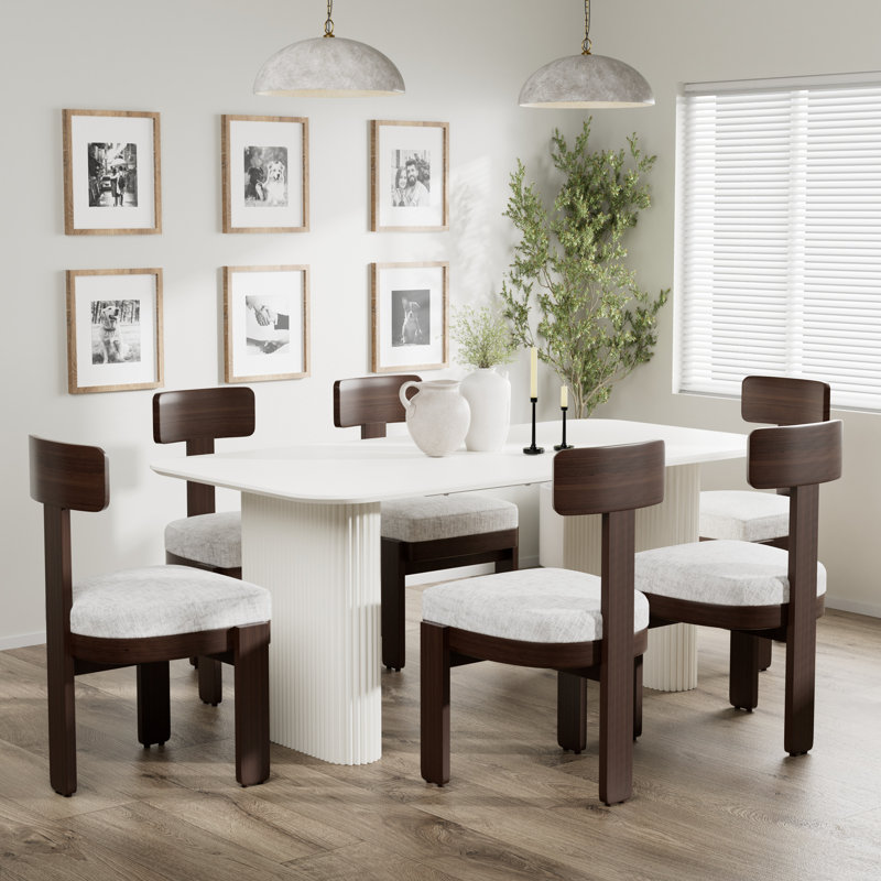 Ensemble de salle à manger rectangulaire à double piédestal avec chaise rembourrée, Marron foncé, Blanc