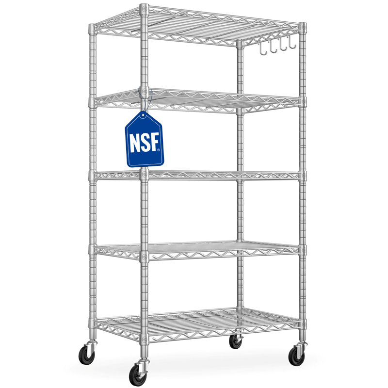  Étagère en métal galvanisé à 5 niveaux certifiée NSF - l 24 po x P 18 po x H 72 po réglable à 3 compartiments bricolage avec roues verrouillables, support de rangement robuste pour la cuisine, le garage et le garde-manger