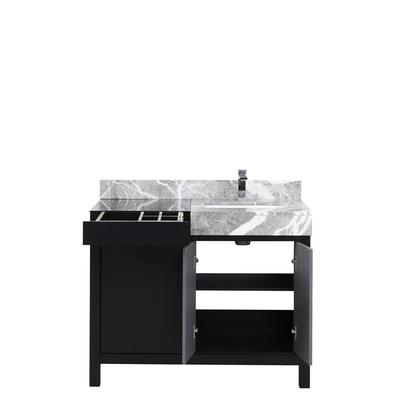 Ensemble de meuble-lavabo noir et gris l 42 po x P 22 po, comptoir en marbre gris château et robinet chromé