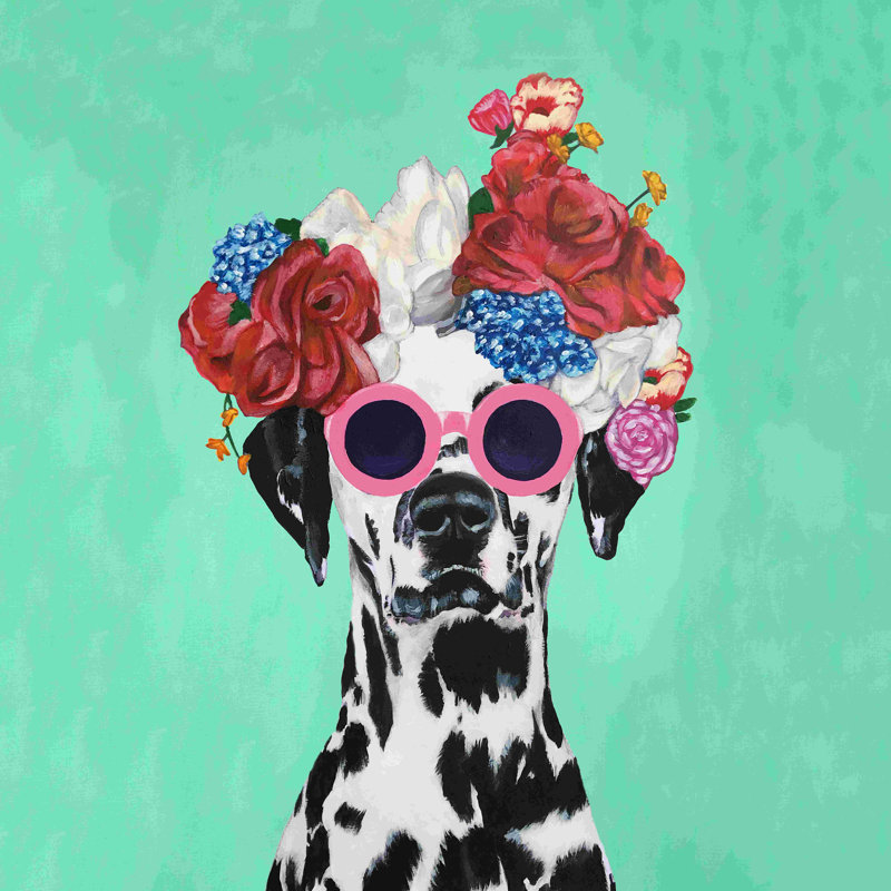 Flower Power Dalmatian Turquoise - Peinture, H 12 po x l 12 po, Non, Toile tendue