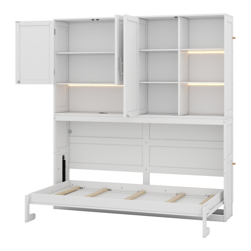 Lit escamotable mural avec armoire supérieure, tablettes, lit pliable peu encombrant avec éclairage et port USB, Blanc
