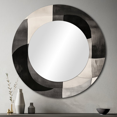 Motif géométrique noir et blanc minimalistes - miroir mural rond moderne, impression métallique