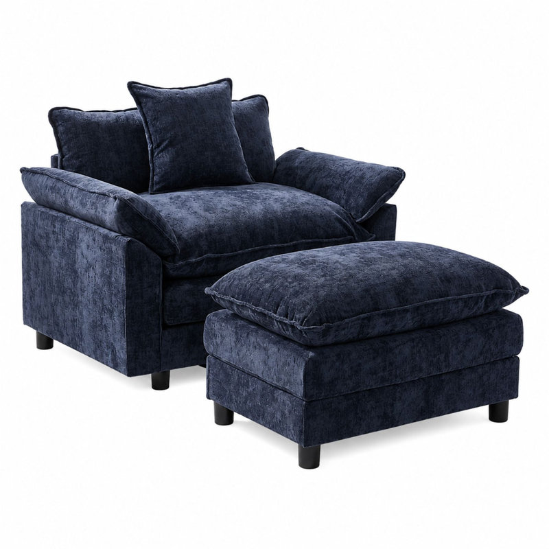 Fauteuil d'appoint moderne avec repose-pieds pour salon, Blue Chenille
