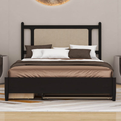  Nanango Queen Size Wooden Rattan Platform Bed With 2 Big Drawers And Trundle
